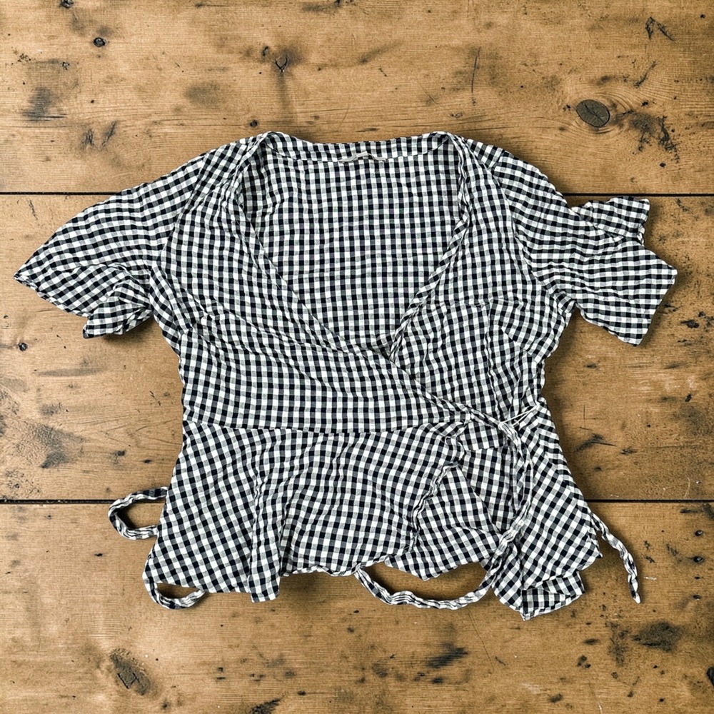 LOFT Womens Navy Gingham Check Wrap Top Short Flutter Sleeve Cotton Size L - Picture 2 of 6